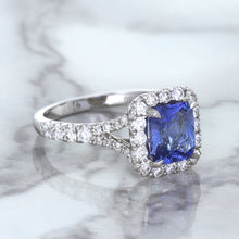 Load image into Gallery viewer, 1.74ct Radiant Blue Sapphire Ring with Diamond Halo in 18K White Gold