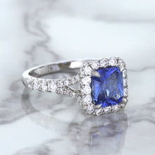 Load image into Gallery viewer, 1.74ct Radiant Blue Sapphire Ring with Diamond Halo in 18K White Gold