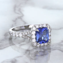 Load image into Gallery viewer, 1.74ct Radiant Blue Sapphire Ring with Diamond Halo in 18K White Gold