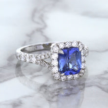 Load image into Gallery viewer, 1.74ct Radiant Blue Sapphire Ring with Diamond Halo in 18K White Gold