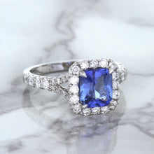 Load image into Gallery viewer, 1.74ct Radiant Blue Sapphire Ring with Diamond Halo in 18K White Gold