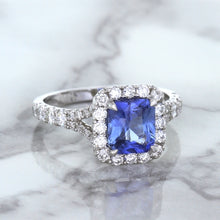 Load image into Gallery viewer, 1.74ct Radiant Blue Sapphire Ring with Diamond Halo in 18K White Gold