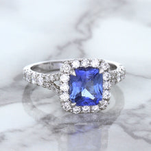 Load image into Gallery viewer, 1.74ct Radiant Blue Sapphire Ring with Diamond Halo in 18K White Gold