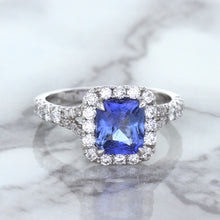 Load image into Gallery viewer, 1.74ct Radiant Blue Sapphire Ring with Diamond Halo in 18K White Gold