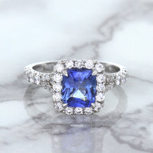 Load image into Gallery viewer, 1.74ct Radiant Blue Sapphire Ring with Diamond Halo in 18K White Gold