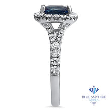 Load image into Gallery viewer, 1.74ct Radiant Blue Sapphire Ring with Diamond Halo in 18K White Gold