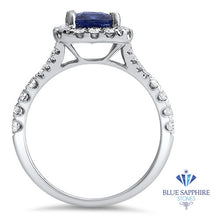 Load image into Gallery viewer, 1.74ct Radiant Blue Sapphire Ring with Diamond Halo in 18K White Gold