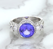 Load image into Gallery viewer, 3.12ct Round Tanzanite Ring with Diamond Halo in 14K White Gold