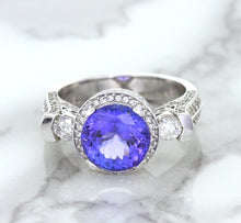 Load image into Gallery viewer, 3.12ct Round Tanzanite Ring with Diamond Halo in 14K White Gold