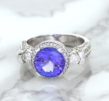 Load image into Gallery viewer, 3.12ct Round Tanzanite Ring with Diamond Halo in 14K White Gold