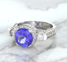 Load image into Gallery viewer, 3.12ct Round Tanzanite Ring with Diamond Halo in 14K White Gold