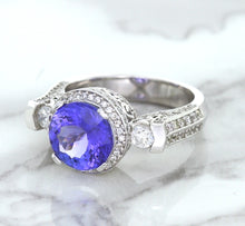 Load image into Gallery viewer, 3.12ct Round Tanzanite Ring with Diamond Halo in 14K White Gold