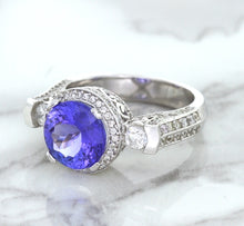 Load image into Gallery viewer, 3.12ct Round Tanzanite Ring with Diamond Halo in 14K White Gold