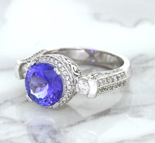 Load image into Gallery viewer, 3.12ct Round Tanzanite Ring with Diamond Halo in 14K White Gold