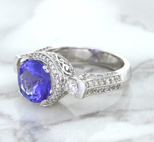 Load image into Gallery viewer, 3.12ct Round Tanzanite Ring with Diamond Halo in 14K White Gold