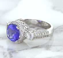 Load image into Gallery viewer, 3.12ct Round Tanzanite Ring with Diamond Halo in 14K White Gold