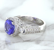 Load image into Gallery viewer, 3.12ct Round Tanzanite Ring with Diamond Halo in 14K White Gold