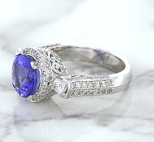 Load image into Gallery viewer, 3.12ct Round Tanzanite Ring with Diamond Halo in 14K White Gold