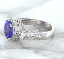 Load image into Gallery viewer, 3.12ct Round Tanzanite Ring with Diamond Halo in 14K White Gold