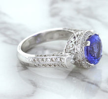 Load image into Gallery viewer, 3.12ct Round Tanzanite Ring with Diamond Halo in 14K White Gold
