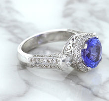 Load image into Gallery viewer, 3.12ct Round Tanzanite Ring with Diamond Halo in 14K White Gold