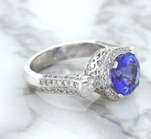 Load image into Gallery viewer, 3.12ct Round Tanzanite Ring with Diamond Halo in 14K White Gold