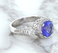 Load image into Gallery viewer, 3.12ct Round Tanzanite Ring with Diamond Halo in 14K White Gold