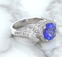 Load image into Gallery viewer, 3.12ct Round Tanzanite Ring with Diamond Halo in 14K White Gold