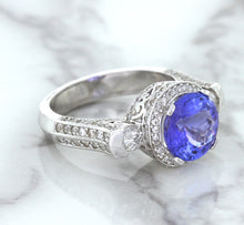 Load image into Gallery viewer, 3.12ct Round Tanzanite Ring with Diamond Halo in 14K White Gold