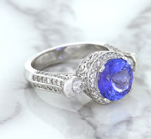 Load image into Gallery viewer, 3.12ct Round Tanzanite Ring with Diamond Halo in 14K White Gold