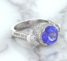 Load image into Gallery viewer, 3.12ct Round Tanzanite Ring with Diamond Halo in 14K White Gold