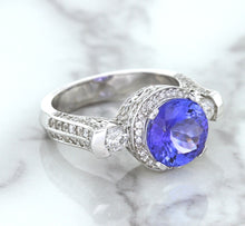 Load image into Gallery viewer, 3.12ct Round Tanzanite Ring with Diamond Halo in 14K White Gold