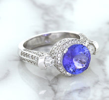 Load image into Gallery viewer, 3.12ct Round Tanzanite Ring with Diamond Halo in 14K White Gold