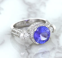 Load image into Gallery viewer, 3.12ct Round Tanzanite Ring with Diamond Halo in 14K White Gold