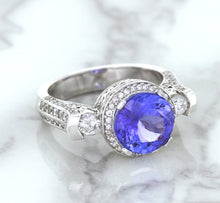 Load image into Gallery viewer, 3.12ct Round Tanzanite Ring with Diamond Halo in 14K White Gold