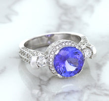 Load image into Gallery viewer, 3.12ct Round Tanzanite Ring with Diamond Halo in 14K White Gold