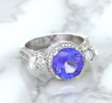 Load image into Gallery viewer, 3.12ct Round Tanzanite Ring with Diamond Halo in 14K White Gold