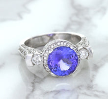 Load image into Gallery viewer, 3.12ct Round Tanzanite Ring with Diamond Halo in 14K White Gold