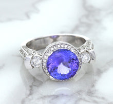 Load image into Gallery viewer, 3.12ct Round Tanzanite Ring with Diamond Halo in 14K White Gold