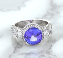 Load image into Gallery viewer, 3.12ct Round Tanzanite Ring with Diamond Halo in 14K White Gold