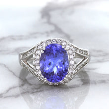 Load image into Gallery viewer, 3.37ct Oval Tanzanite Ring with Diamond Halo in 14K White Gold