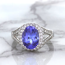 Load image into Gallery viewer, 3.37ct Oval Tanzanite Ring with Diamond Halo in 14K White Gold