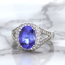 Load image into Gallery viewer, 3.37ct Oval Tanzanite Ring with Diamond Halo in 14K White Gold