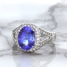 Load image into Gallery viewer, 3.37ct Oval Tanzanite Ring with Diamond Halo in 14K White Gold