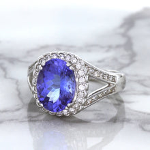 Load image into Gallery viewer, 3.37ct Oval Tanzanite Ring with Diamond Halo in 14K White Gold