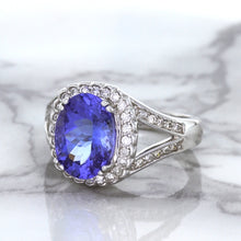 Load image into Gallery viewer, 3.37ct Oval Tanzanite Ring with Diamond Halo in 14K White Gold