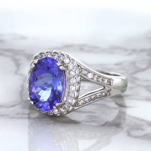 Load image into Gallery viewer, 3.37ct Oval Tanzanite Ring with Diamond Halo in 14K White Gold