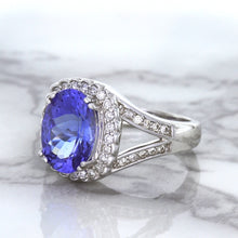 Load image into Gallery viewer, 3.37ct Oval Tanzanite Ring with Diamond Halo in 14K White Gold