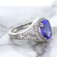 Load image into Gallery viewer, 3.37ct Oval Tanzanite Ring with Diamond Halo in 14K White Gold