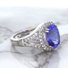 Load image into Gallery viewer, 3.37ct Oval Tanzanite Ring with Diamond Halo in 14K White Gold